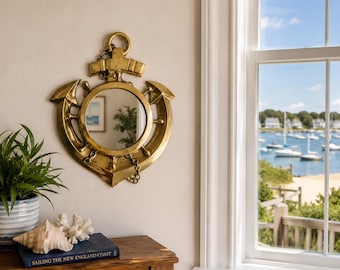 Vintage Solid Brass Nautical Anchor Porthole Mirror Wall Decor