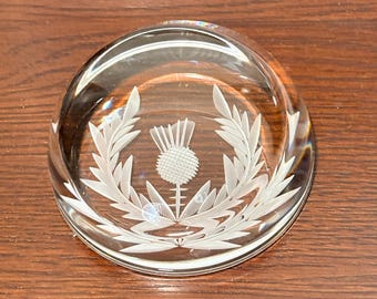 Vintage Glass Paperweight Etched Thistle Scottish Decor Clear Desk Accent Gift