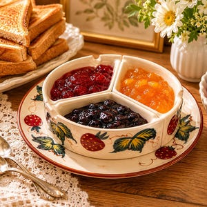 Keramische serveerschaal aardbeienrelish of jam met schaal en bord