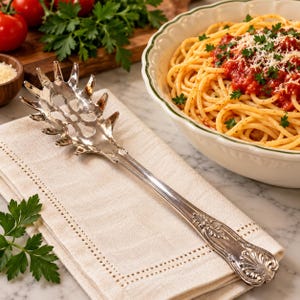 May include: A silver-toned metal pasta server featuring a wide, pronged head with a central cutout design and an ornate, embossed handle with shell-like detailing at the base, resting on a folded beige linen napkin.
