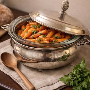以下が含まれることがあります： ガラスのインサートが付いた銀色のサービングディッシュ。艶出しされたニンジンが詰められ、パセリで飾られています。蓋は部分的に開いており、中身が見えます。木のスプーンがリネンの布の上に置かれており、食事の様子を示唆しています。