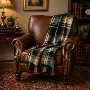 May include: A brown leather armchair with rolled arms and nailhead trim, draped with a woven plaid throw blanket featuring a pattern of dark green, mustard yellow, grey, and cream stripes with a fringed edge along the bottom hem.