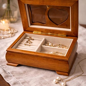 May include: Wooden jewelry box with a hinged lid and a glass window. The interior features compartments lined with light-colored fabric, holding rings and necklaces. The lid has a heart-shaped cutout. The box is made of light brown wood.