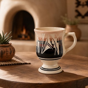 Puede incluir: Una taza de cerámica con base de pedestal, que presenta un borde y un asa de color crema. El cuerpo muestra una banda horizontal de color marrón oscuro y negro con patrones geométricos blancos grabados. La base tiene dos finas rayas negras.