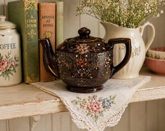 Vintage Japanese Teapot Brown Moriage Hand Painted Gold Accent