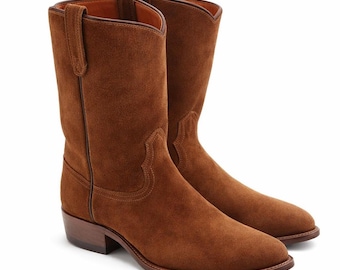 Handmade Genuine Suede Leather Cowboy Ankle Boot For Men