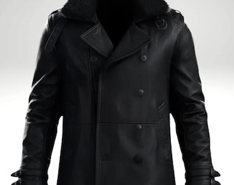 Herren Schwarz Leder Trenchcoat | Rindsleder Winter Mantel mit Pelzkragen