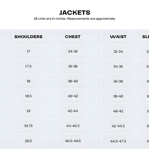 K&ouml;nnte beinhalten: Eine Jackengr&ouml;&szlig;entabelle mit Ma&szlig;en in Zoll. Die Tabelle umfasst die Gr&ouml;&szlig;en XS bis 3XL und gibt die Ma&szlig;e f&uuml;r Hals, Schultern, Brust, Taille, &Auml;rmel und K&ouml;rperl&auml;nge an. Die Ma&szlig;e sind ungef&auml;hre Angaben.