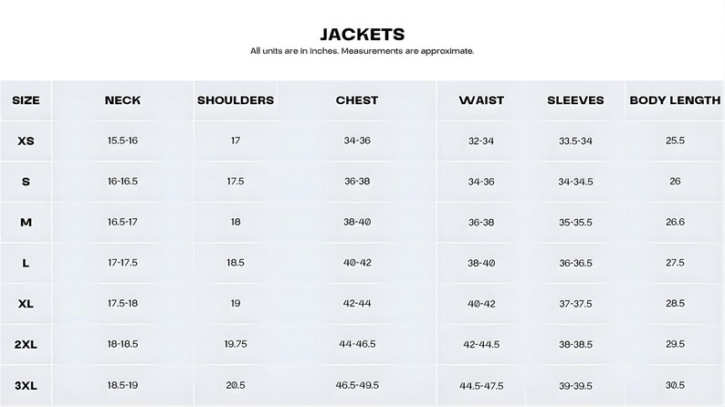K&ouml;nnte beinhalten: Eine Jackengr&ouml;&szlig;entabelle mit Ma&szlig;en in Zoll. Die Tabelle umfasst die Gr&ouml;&szlig;en XS bis 3XL und gibt die Ma&szlig;e f&uuml;r Hals, Schultern, Brust, Taille, &Auml;rmel und K&ouml;rperl&auml;nge an. Die Ma&szlig;e sind ungef&auml;hre Angaben.