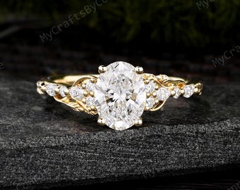 Ovaal geslepen laboratoriumdiamanten verlovingsring, vintage wijnstokblad trouwring, 14K geelgouden stapelbare bruidsbelofte, 1CT IGI-gecertificeerd