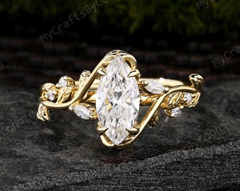 Anello di fidanzamento con diamante sintetico taglio marquise, anello da sposa vintage in oro giallo 10 carati con foglia, anello ispirato alla natura, 1 carato certificato IGI