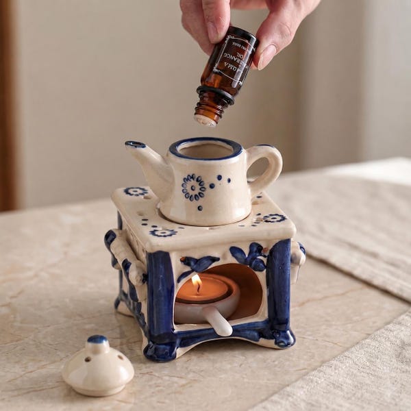 Vintage Blue Ceramic Aroma Diffuser, Hand-Painted Floral Oil Burner, Incense Holder