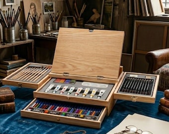 Wooden Art Studio Kit, Tabletop Easel with Acrylics, Watercolors, Oil Pastels