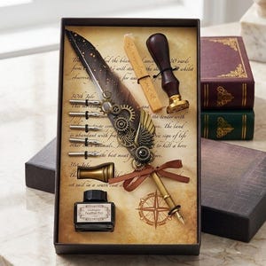 Op de afbeelding: Een vintage schrijfgarnituur in een decoratieve doos. De set bevat een ganzenveer met tandwielen, een inktfles, pennen, een lakzegel en een kompasroos. De ganzenveer heeft een bruin en goud kleurenschema. De doos is bruin met een achtergrond in perkamentstijl.
