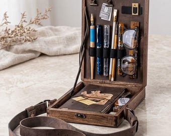 Wooden Writer's Messenger Box, Portable Sketchboard Desk, Dark Academia Artist Organizer