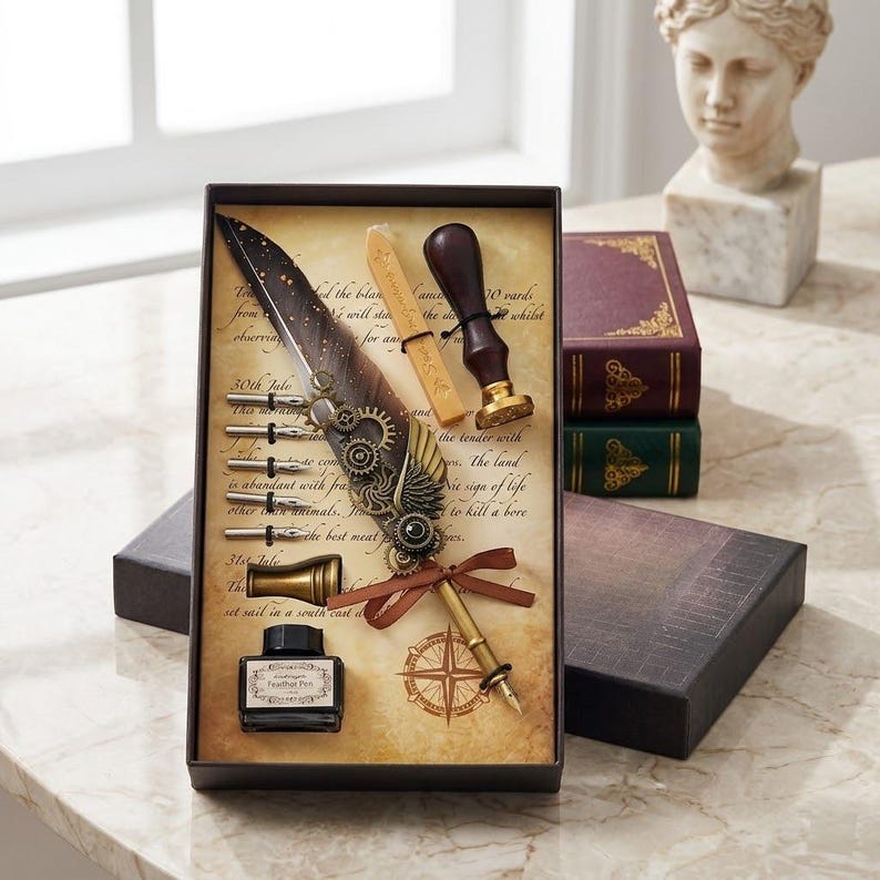 Op de afbeelding: Een vintage schrijfgarnituur in een decoratieve doos. De set bevat een ganzenveer met tandwielen, een inktfles, pennen, een lakzegel en een kompasroos. De ganzenveer heeft een bruin en goud kleurenschema. De doos is bruin met een achtergrond in perkamentstijl.