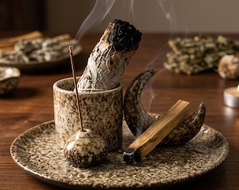 4-in-1 Ceramic Moon Incense Holder: Boho Ash Catcher for Sage, Palo Santo, Tealight