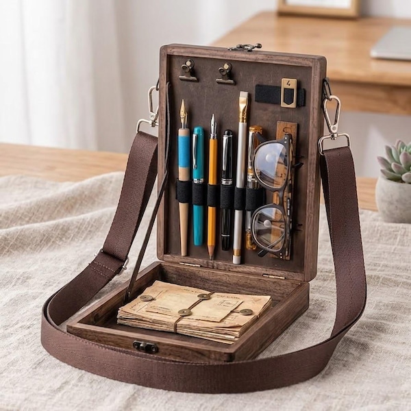 Wooden Writer's Messenger Box, Portable Sketchboard Desk, Dark Academia Artist Organizer