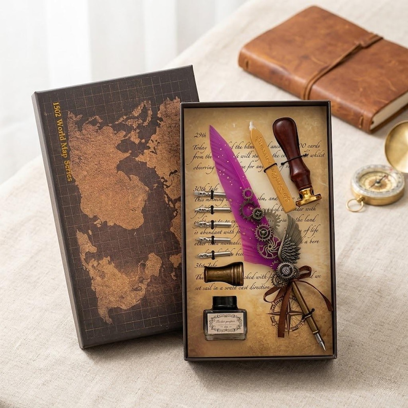 Handmade Feather Fountain Pen Set with Wax Stamp and Ink,Retro Gear Design Calligraphy Set, Unique Birthday Gift for History Lovers ,Artists Purple