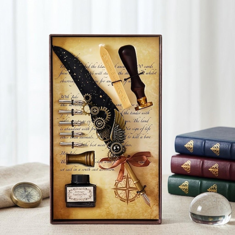 Handmade Feather Fountain Pen Set with Wax Stamp and Ink,Retro Gear Design Calligraphy Set, Unique Birthday Gift for History Lovers ,Artists Black