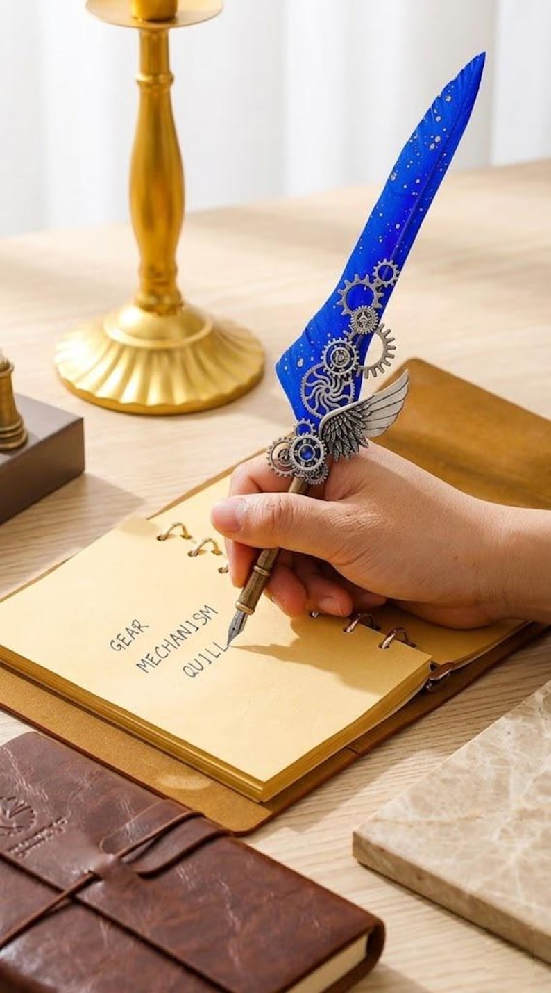 Handmade Feather Fountain Pen Set with Wax Stamp and Ink,Retro Gear Design Calligraphy Set, Unique Birthday Gift for History Lovers ,Artists afbeelding 15
