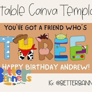 Puede incluir: Gráfico digital con el texto "Editable Canva Template" y "YOU'VE GOT A FRIEND WHO'S THREE HAPPY BIRTHDAY ANDREW!". La palabra "THREE" está diseñada con personajes de Toy Story. El gráfico también incluye el texto "Better Banners by Lisa" y un identificador de Instagram.