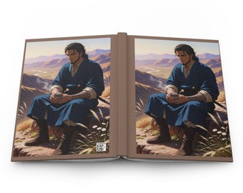 May include: An open hardback book featuring a wrap-around illustration of a person with dark hair wearing a blue robe, sitting in a desert landscape while holding a cup. The cover has a brown spine and a small QR code on the bottom right.
