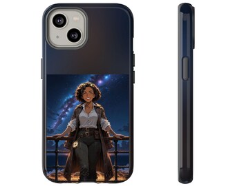 May include: A dark-coloured smartphone case featuring a printed illustration of a person with curly hair wearing a white shirt and brown coat, standing on a deck against a starry night sky background. The case shows both front and side views.