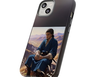 May include: A dark-coloured smartphone case featuring a printed illustration of a person with dark hair and a beard, wearing a blue robe, sitting in a desert landscape while holding a cup. The case has a dual-camera cutout on the back.