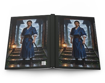 May include: An open hardback journal featuring a wrap-around illustration of a warrior in a blue robe and dark boots standing on stone steps before a temple gate. The warrior has a sword at their hip. A small QR code is visible on the bottom right.