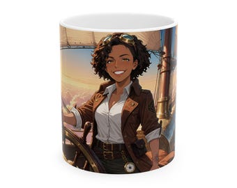 May include: A white ceramic mug featuring a printed illustration of a person with curly dark hair wearing aviator goggles, a white collared shirt, and a brown jacket, standing at a ship's wooden steering wheel against a sunset sky.