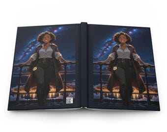 May include: An open hardback journal featuring a wrap-around illustration of a smiling person with curly hair, wearing a white shirt, dark trousers, and a long brown coat, standing on a ship deck under a starry night sky with a glowing horizon.