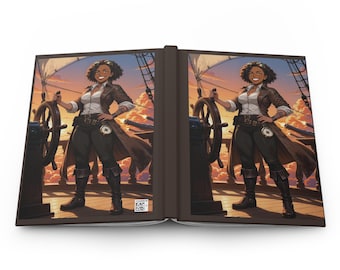 May include: A hardback book featuring an illustration of a person with dark curly hair wearing a brown coat, white shirt, and dark trousers, standing at a ship's wheel on a deck. The background shows a sunset sky and ship rigging.