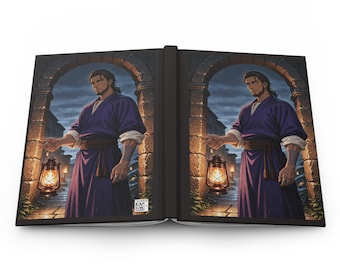 May include: An open hardback book featuring a wrap-around illustration of a person with dark hair and a beard, wearing a purple robe and holding a lit lantern while standing under a stone archway. A small white square barcode is on the back cover.