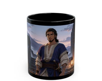 May include: A black ceramic mug featuring a printed illustration of a person with dark hair and a beard, wearing a blue and white tunic with a sword at the waist, standing on stone steps against a backdrop of mountains at sunset.