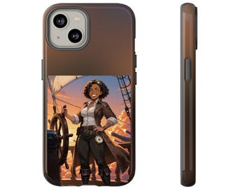 May include: A phone case featuring a brown gradient top and a graphic illustration of a person with curly hair wearing a brown coat and white shirt, standing at a ship's wheel on a deck against a sunset sky with clouds and ship rigging.