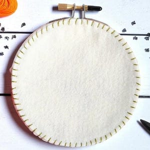 May include: A white felt embroidery hoop with green stitching, surrounded by colorful embroidery floss in blue, pink, orange, and red. A pair of gold scissors and small black embellishments are also present.