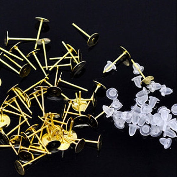 6 mm 18K Gold Plated Earring Posts with Silicon Earring Nuts - CHOOSE From 5 to 500 pairs