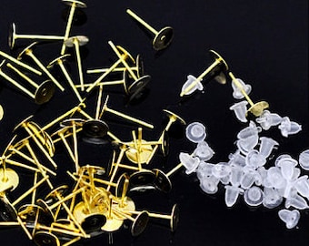 50, 8 mm 18K Gold Plated Earring Posts with Silicon Backs in Silver or Gold Color