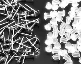 50 pairs 6 mm Silver Plated Surgical Steel Earring Posts with Silicon Backs in Silver or Gold Color