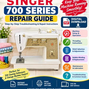 Puede incluir: Una guía de reparación digital para la serie 700 de Singer con una máquina de coser vintage blanca y dorada. El documento incluye instrucciones paso a paso para la resolución de problemas, configuración, enhebrado y mantenimiento.