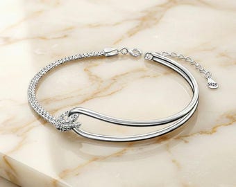 925 Sterling Silver Double Layer Knot Bracelet for Women, Simple Fashion Jewellery