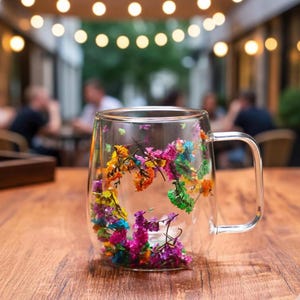 Glaskaffekopp med torkade blommor, Dubbelväggig glasmugg, Isolerad tekopp, Genomskinlig dryckeskärl för mjölk och juice, Födelsedagspresent
