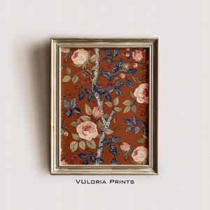 Vintage Floral Pattern Wall Art | Rust Brown Rose & Blue Botanical Design (Digital Download)
