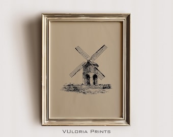 Arte de pared imprimible de molino de viento vintage / Ilustración minimalista de estilo rústico / Decoración beige neutro (Descarga digital)