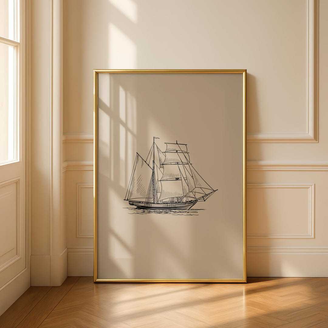 Vintage Sailing Ship Art Print | Beige Nautical Decor (digital Download ...