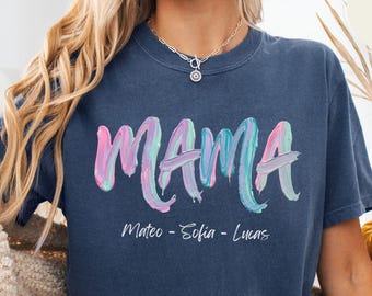 Camiseta Comfort Colors® Mama con nombre personalizado, camiseta personalizada para mamá, camiseta de regalo para el Día de la Madre, camiseta con nombres personalizados para niños, camiseta para mamás.