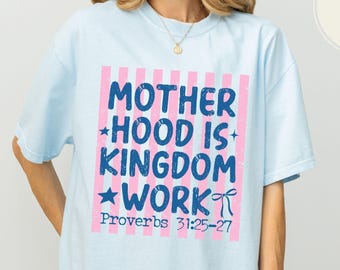 Camiseta Retro Cómoda para Mamá, Camiseta "La Maternidad Es Trabajo del Reino", Camiseta del Día de la Madre, Regalo para Mamá Cristiana, Camiseta Religiosa para Mamá, Conjunto para el Día de la Madre