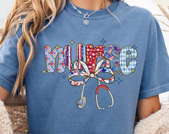 Comfort Colors® Nurse 4th Of July Shirt, Patriotic Nurse Shirt, Nurse Appreciation Tee, Nurse Red White Blue Tee, Registered Nurse Shirt