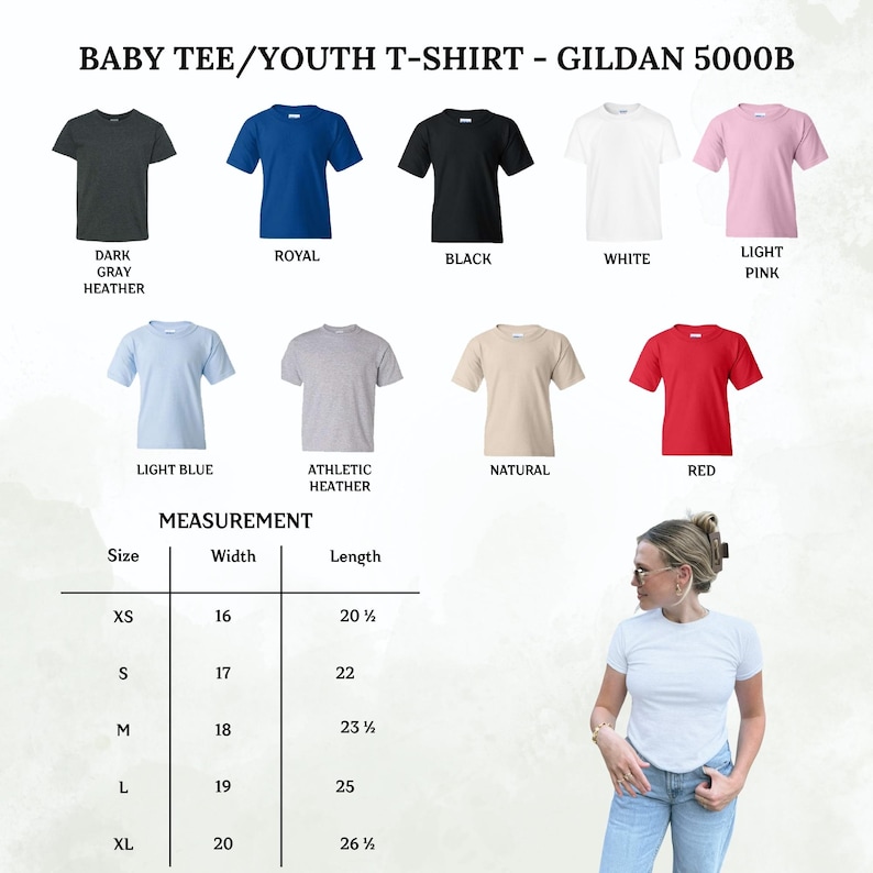 Puede incluir: Imagen de camisetas Gildan 5000B para beb&eacute;s y j&oacute;venes en varios colores, incluyendo gris oscuro jaspeado, azul real, negro, blanco, rosa claro, azul claro, jaspeado atl&eacute;tico, natural y rojo. Tambi&eacute;n se proporcionan medidas.